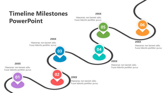 Colorful timeline PPT slide with milestone markers, each labeled with a year and description.