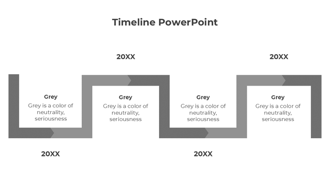Minimalist grey timeline diagram with a sharp cornered path, alternating milestone text boxes, and '20XX' markers.