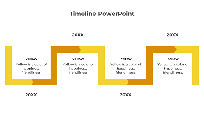 Zigzag yellow timeline with arrowed segments, alternating between text boxes and placeholder years labeled as 20XX.