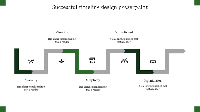 Green and gray zigzag timeline with five rectangular sections, featuring black icons, and text evenly spaced above and below.
