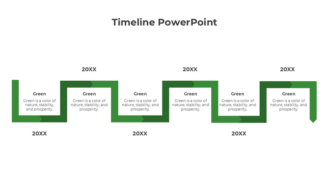 Modern green pathway timeline with five segments, arrows indicating flow, and text blocks describing the color green.