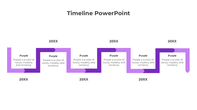 Timeline PowerPoint with purple zigzag design, showing 5 milestones labeled '20XX' and text 'Purple is a color of luxury.