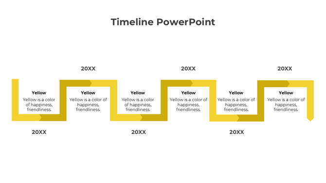 Timeline PowerPoint with yellow zigzag design, showing 5 milestones labeled '20XX' and text 'Yellow is a color of happiness.