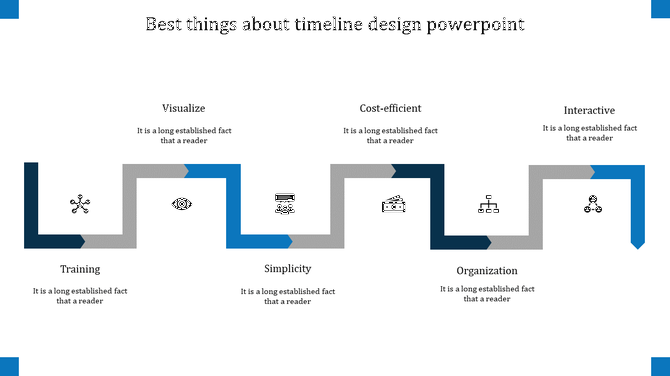Blue themed timeline template featuring zigzag layout forming six key steps labeled and icons for each concept.
