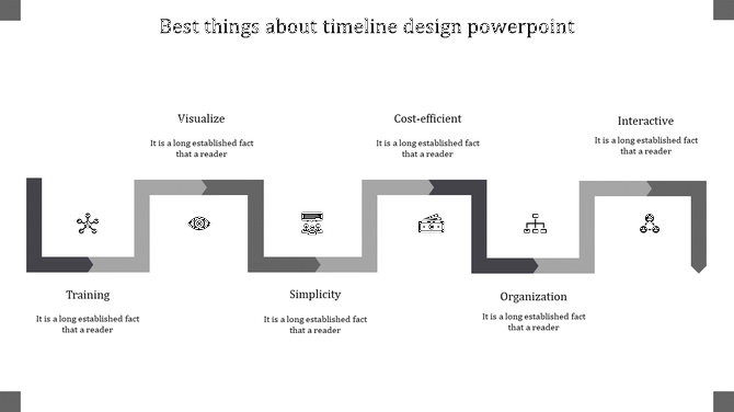 A timeline slide with six stages, including icons for various concepts from training to interactive with placeholder text.