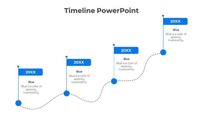 Blue flags mark different points on a timeline with dotted lines connecting them in this PowerPoint slide.
