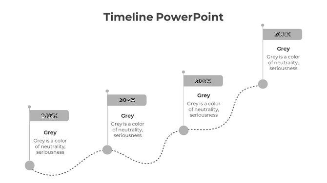 Minimalist grey timeline design featuring four milestone markers on a wavy path, each with a flag and placeholder text.