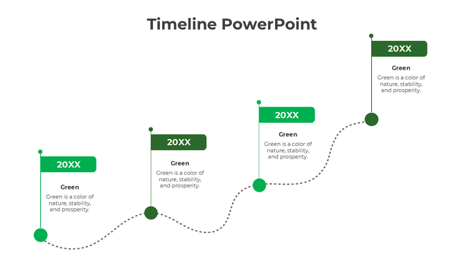 Timeline slide with four green flags on poles, connected by a wavy dotted line, representing different milestones.