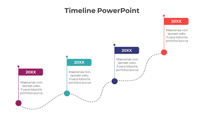 Color coded timeline with four points along a curved path, each linked to a date label and placeholder text areas.