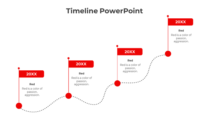 Timeline slide with four red flag markers on a curved dotted path, each labeled 20XX and with descriptive text.