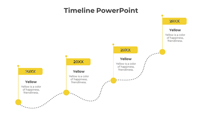 Timeline slide with yellow flags representing different years, with a dashed line connecting each year.