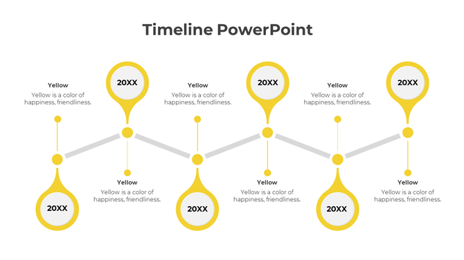 Flowchart style timeline with alternating top and bottom yellow circular markers, connected through central gray lines.