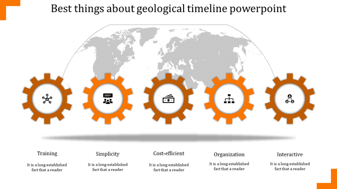 Geological slide showing five orange gears in the world map background each placed with caption areas and icons.