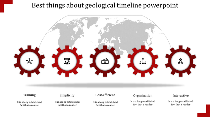 Timeline with five red gears containing black icons, linked under a world map, highlighting key advantages.