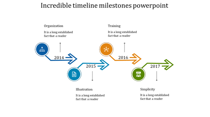 Timeline slide with milestones for 2014 to 2017 featuring colored arrows and icons with placeholder text.