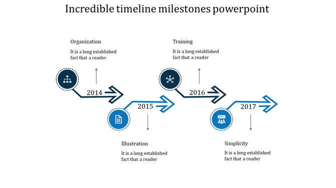 Business timeline infographic featuring blue arrows and milestone icons for years 2014-2017, arranged in a zigzag pattern.