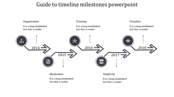 Business timeline infographic featuring gray arrows and milestone icons for years 2014-2019, arranged in a zigzag pattern.