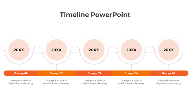 Five step timeline with orange circular nodes labeled 20XX, connected by a curved line, with segmented orange labels below.