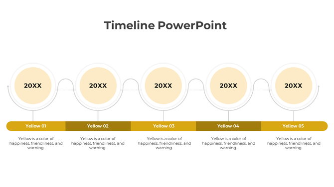 Timeline with five yellow circular steps labeled 20XX, linked by a curved line, with matching yellow labeled sections below. 