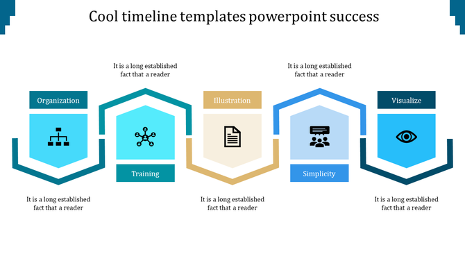 Timeline slide with five hexagonal steps in blue and gold, showcasing key project steps in a clean layout.