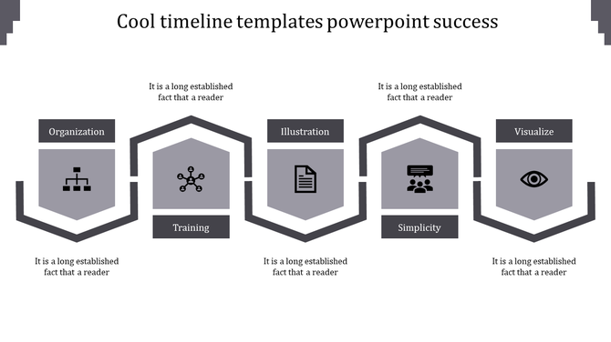Five-step grey timeline with hexagon icons and placeholders, representing stages from organization to visualization.