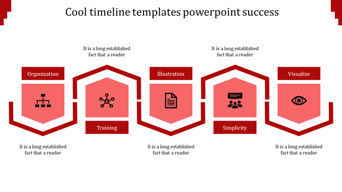 Timeline with five red pentagon shapes, featuring bold black icons, and milestone labels highlighting key concepts.