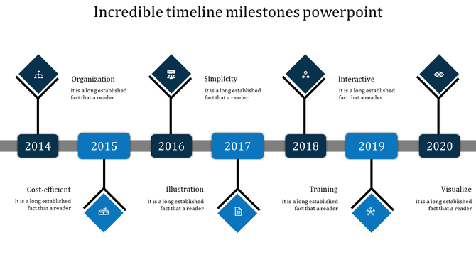 Timeline featuring seven blue diamonds with black details, and a horizontal gray bar linking milestones.