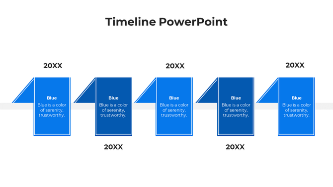 Modern timeline with six alternating shades of blue folded page elements, each linked to a placeholder year.