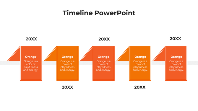 Modern timeline with six alternating shades of orange folded page elements, each linked to a placeholder year.