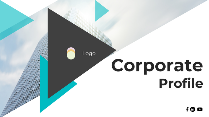 Corporate profile cover slide with teal and black geometric elements over a high rise building in the background.