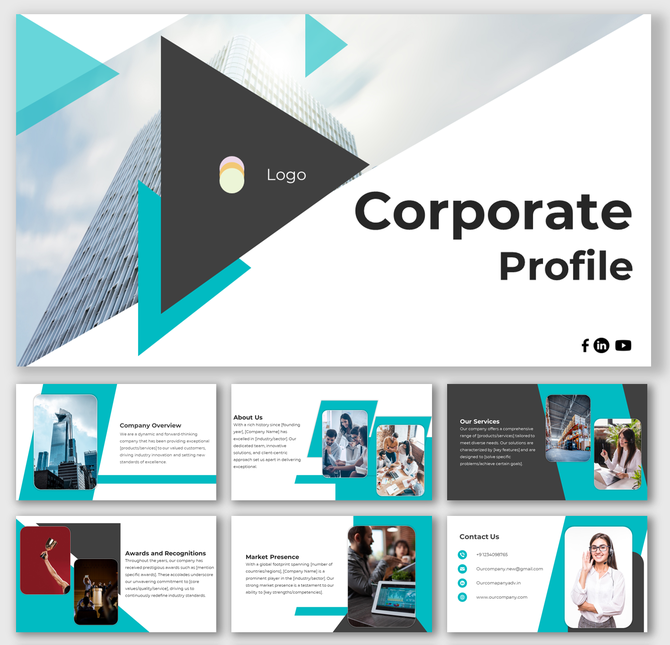 Modern corporate profile presentation slides featuring sections for company overview, services, awards, and contact details.