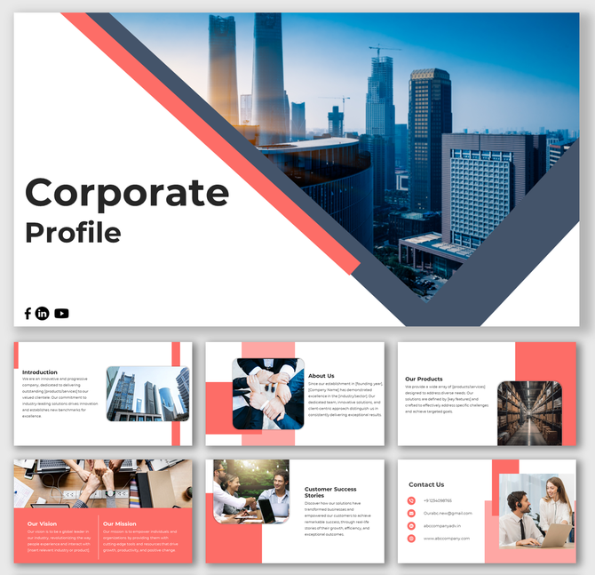 Corporate profile PowerPoint with a modern cityscape background and red gray design accents across multiple slides.