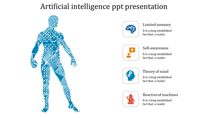 Artificial intelligence slide featuring a digital blue humanoid with circuit patterns and four text and icons on the right.