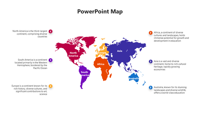 Global map template showing labeled continents in shades of red, orange, purple, and blue with side notes.