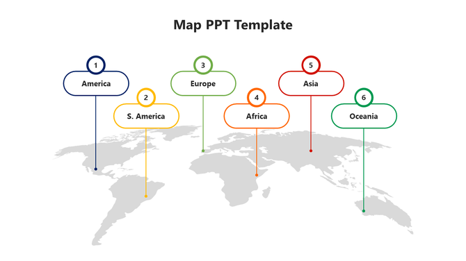 Gray world map with six numbered markers highlighting continents in blue, yellow, green, orange, red, and teal.