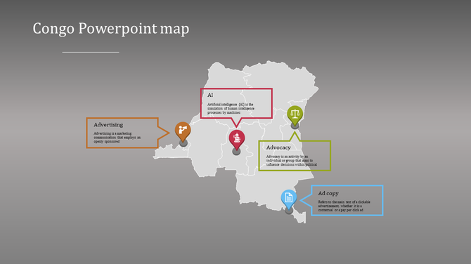 Map of Congo in PowerPoint with labeled regions for Advertising, AI, Advocacy, and Ad copy, with accompanying text boxes.
