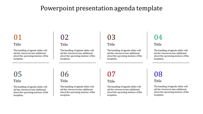 Clean and minimalistic agenda template with eight evenly spaced sections for content organization.