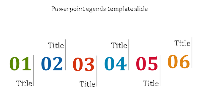 Colorful agenda template featuring six large numbers with placeholder text areas titles above placed in white background.