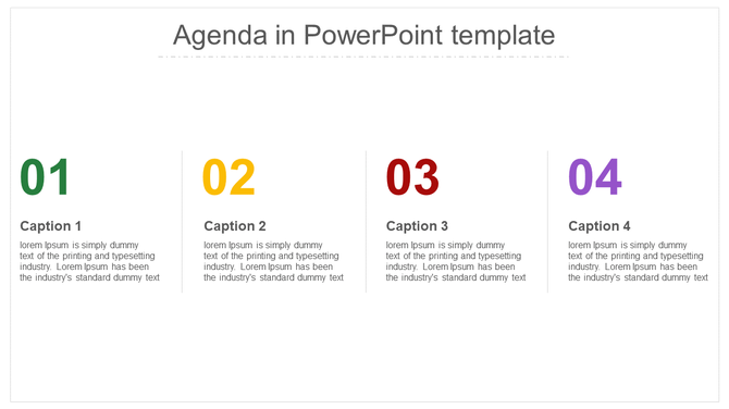 Slide featuring four numbered agenda points in green, yellow, red, and purple, paired with a title and description.