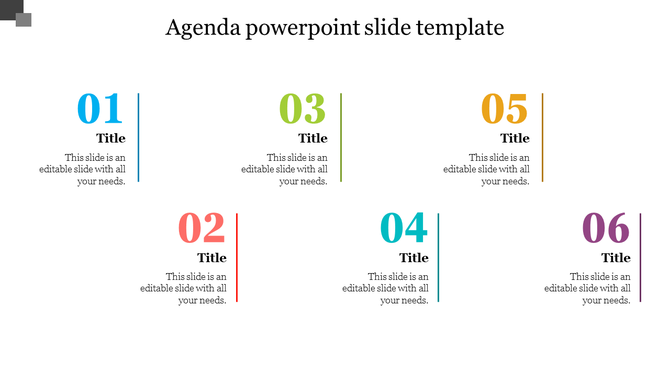 Agenda template with six numbered sections, each featuring a title and placeholder text, arranged in two rows.
