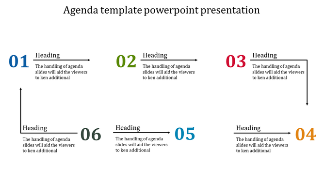 Agenda template slide with six numbered steps in blue, green, red, orange, and gray, connected by directional arrows.