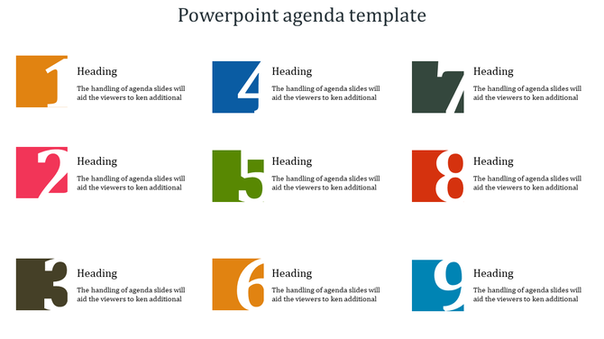 Colorful agenda slide with nine sections, each containing a number in a unique shape and a heading with text.