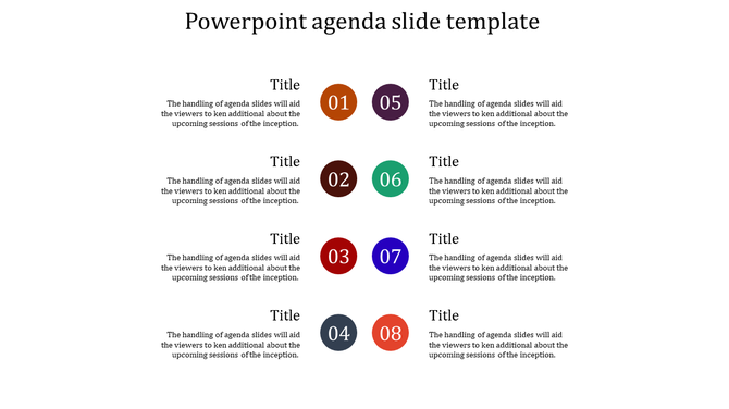 Agenda slide template with eight numbered circles in various colors, each paired with a title and descriptive text.
