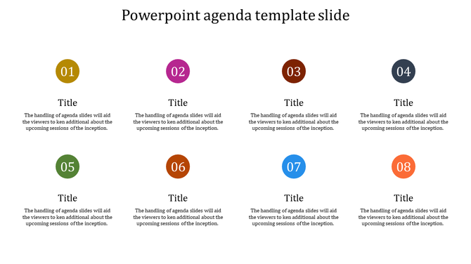 Agenda slide with eight numbered circles in different colors, each paired with a title and text below.