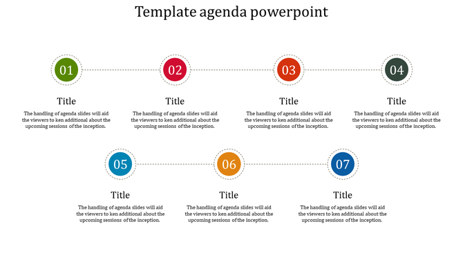 Agenda template with seven numbered circles in different colors connected by dashed lines, each with a title and description.