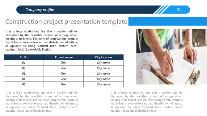Construction template showing a table with project details and an image of a worker making notes on the right.