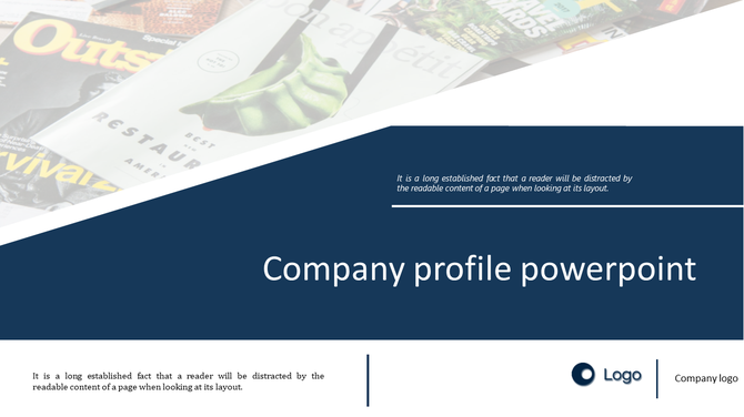 Company profile slide with a diagonal split layout, a blurred magazine background, dark blue text area, and a logo.