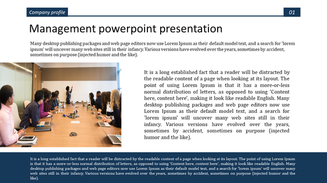 Management PowerPoint slide featuring a business meeting with a diverse group around a table with a text description.