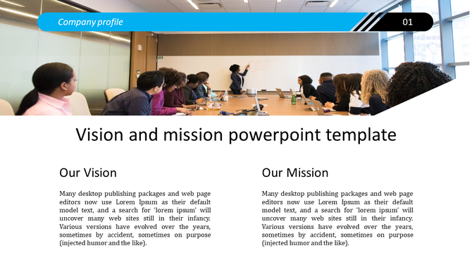 Professional layout with a team collaboration image at the top and vision and mission statements below.