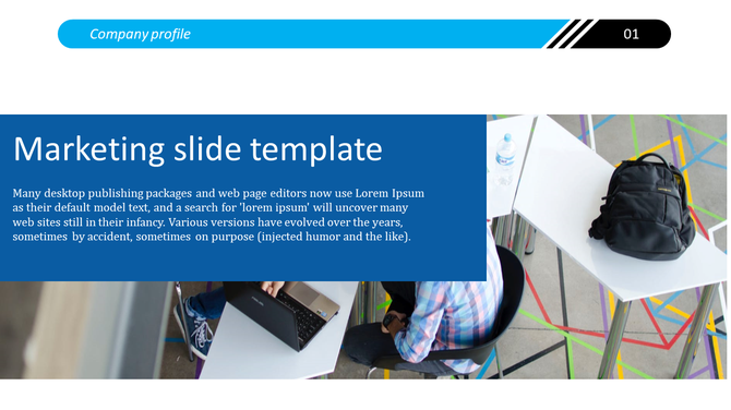 Marketing slide with a blue text box and an image of a shared workspace with a laptop, backpack, and geometric floor design.